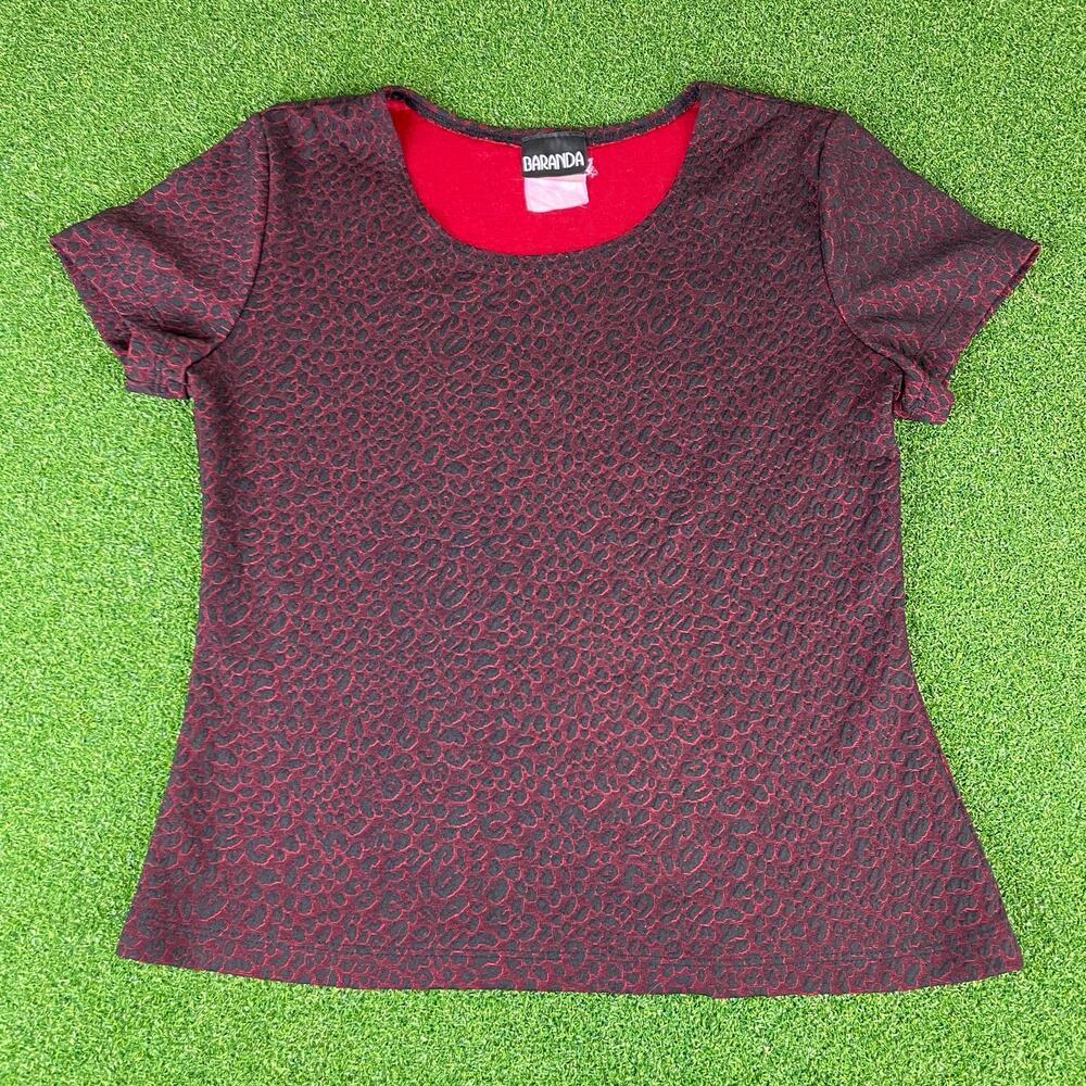 Vtg 90s Y2K Red Black Leopard Top Short Sleeve Fitted Stretch Animal Print Shirt